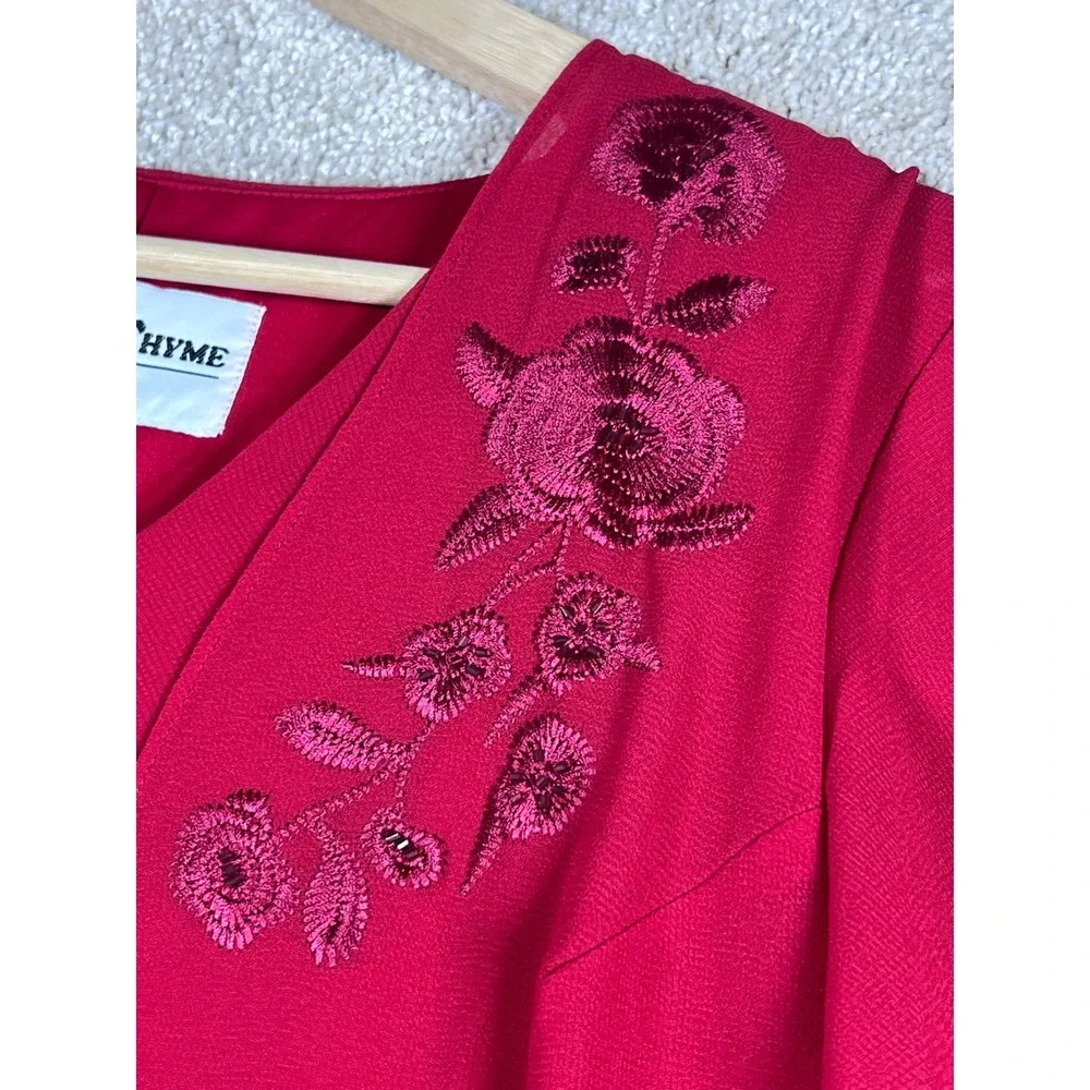 VTG Retro Dress Another Thyme‎ Red Floral Embroidered Party Cocktail 6P Layered